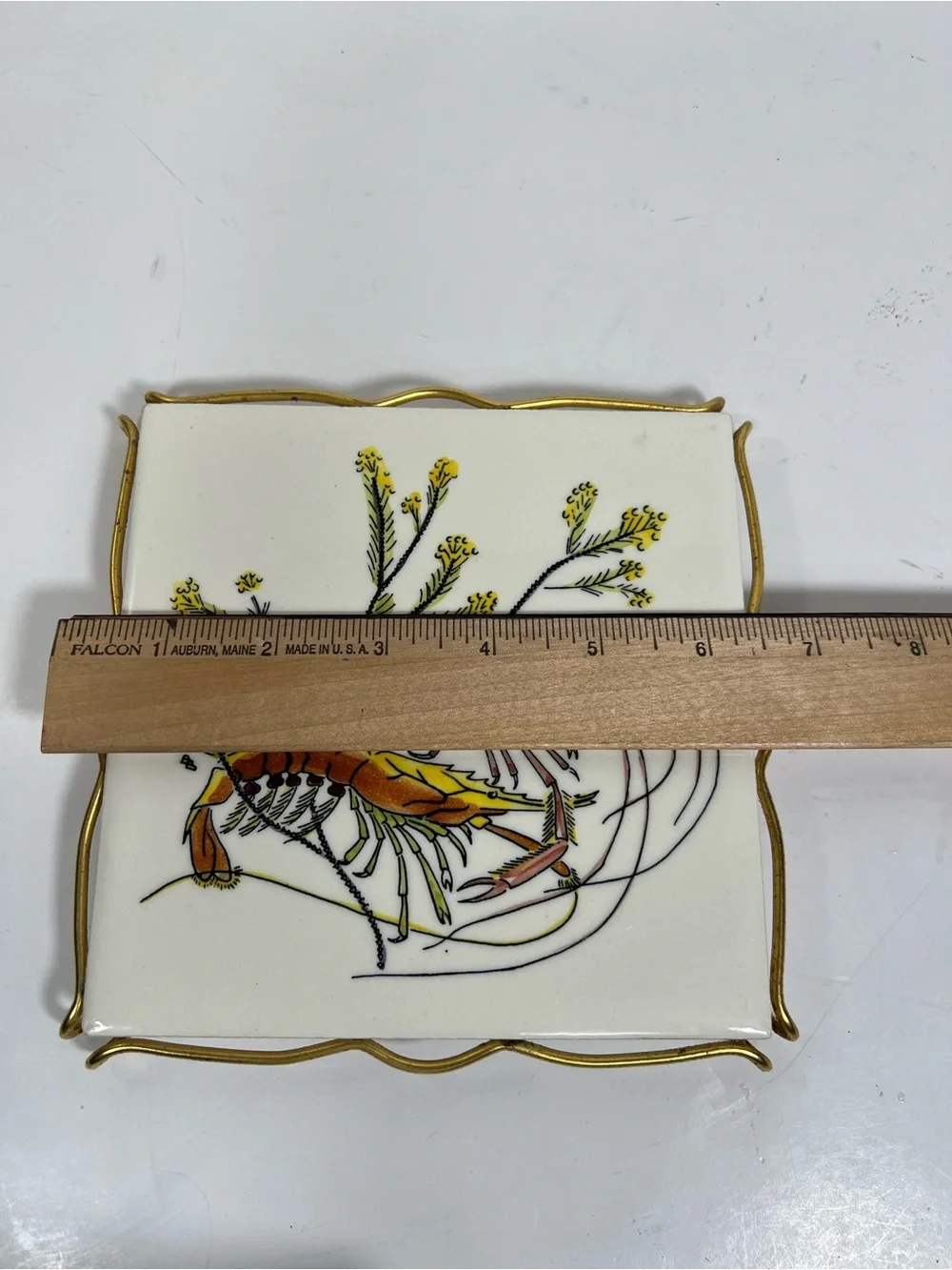 Vintage Gien France Grands Crustaces Lobster Ceramic Tile Trivet Gold Tone Frame